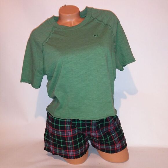 Victoria Secret PINK Pajama Set Short Sleeve & Shorts XS Green Black Red Logo Pl - Picture 12 of 13